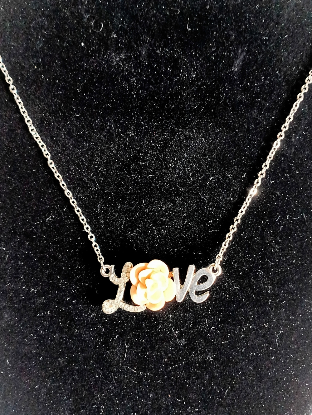 Silver-Tone 'Love' Necklace with Peach Flower Accent